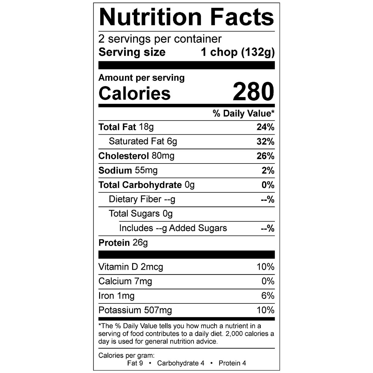 Nutrition facts for boneless pork chops