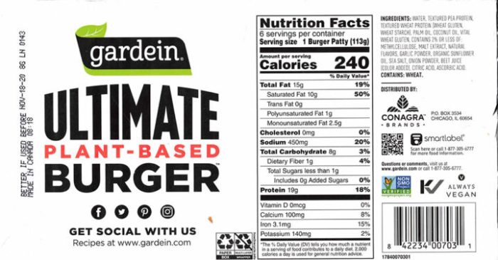 Nutrition facts label gardein plant based protein